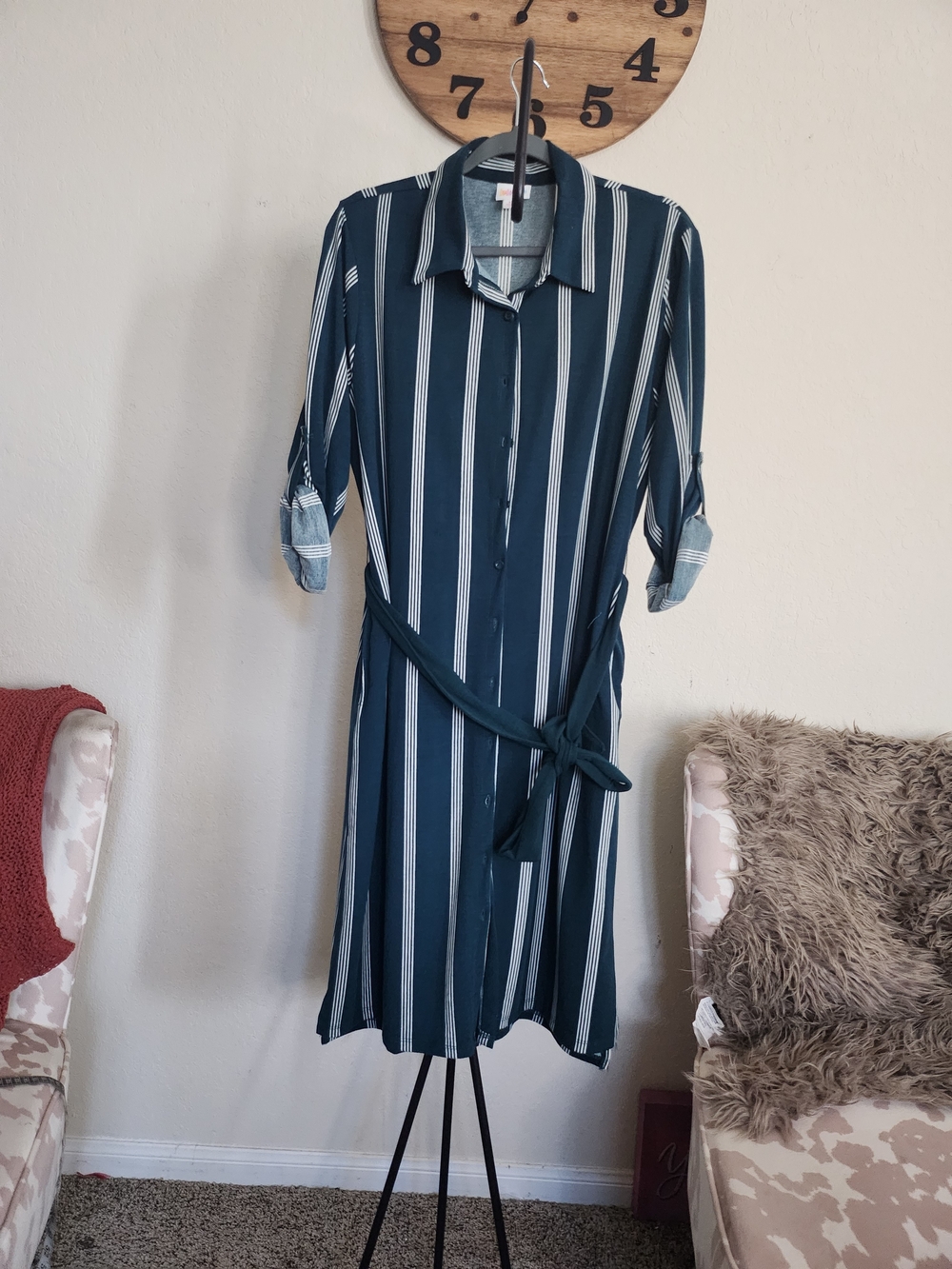 LuLaRoe Teal and White Striped Midi Dress
